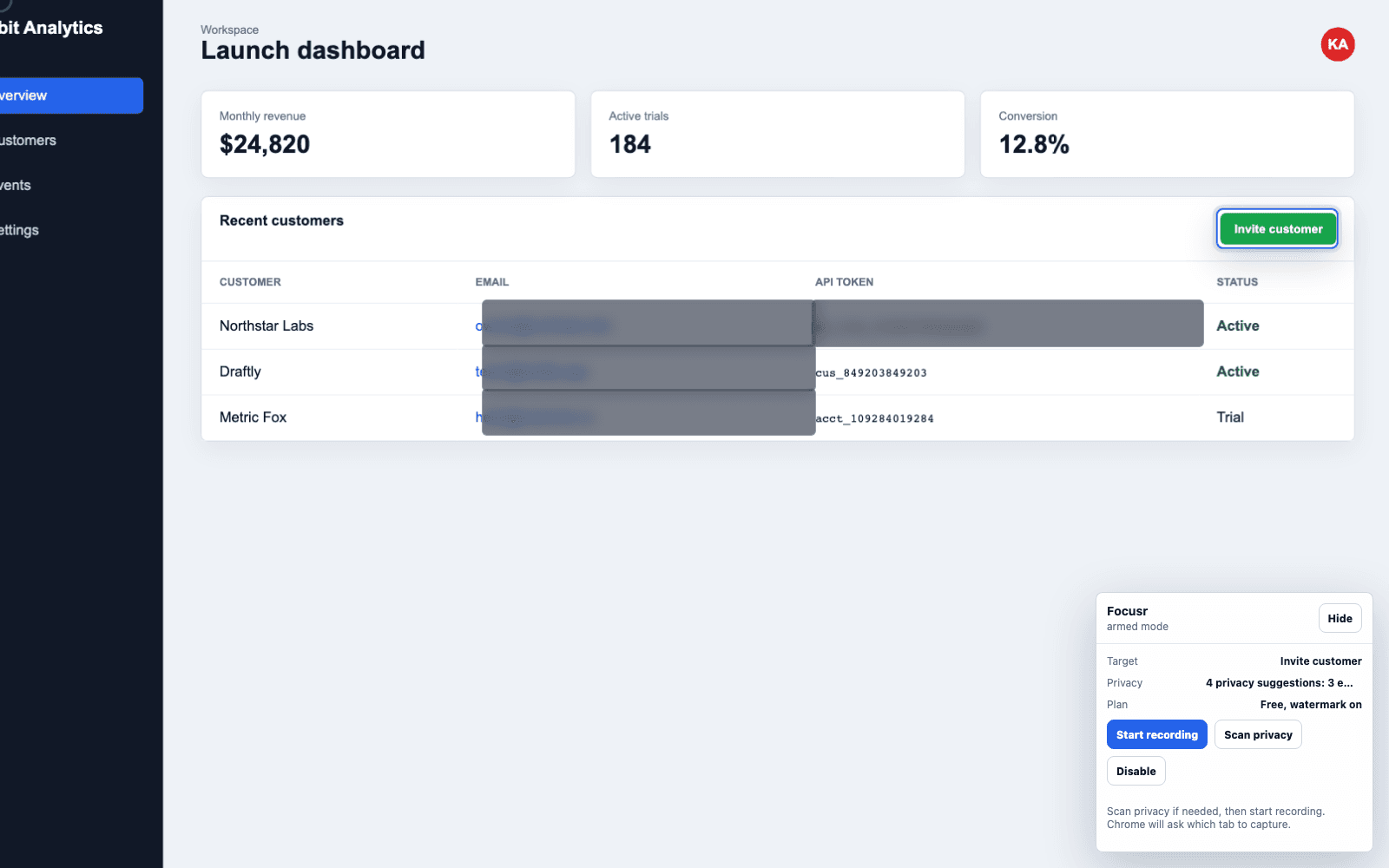 Focusr highlighting and privacy-masking a SaaS dashboard